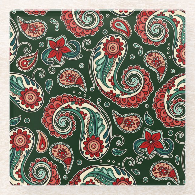 Posavasos De Vidrio Red and Green Paisley Coaster (Anverso)