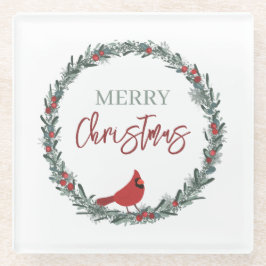 Posavasos De Vidrio Red Berries Wreath and Red Cardinal Christmas