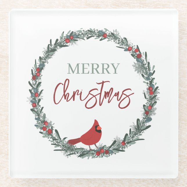 Posavasos De Vidrio Red Berries Wreath and Red Cardinal Christmas  (Anverso)