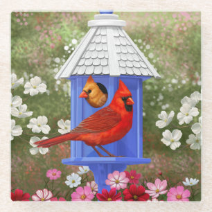 Posavasos De Vidrio Red Cardinals Bird House Flower Garden