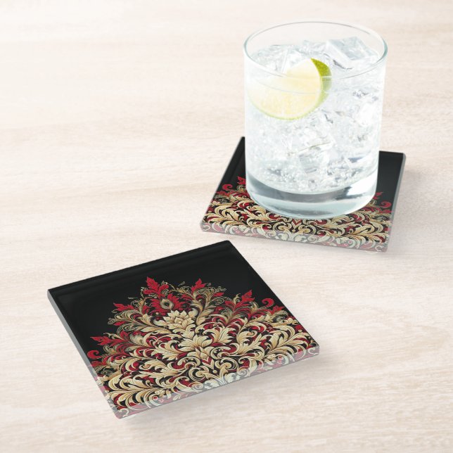 Posavasos De Vidrio Red Gold and Black Damask  (Angular)