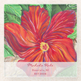 Posavasos De Vidrio Red Hibiscus Vacation Home Glass Coaster