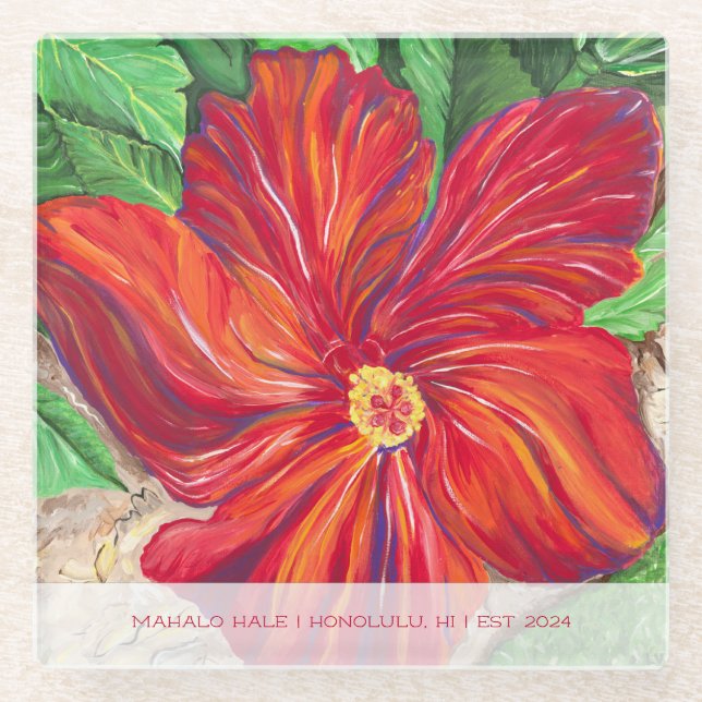 Posavasos De Vidrio Red Hibiscus Vacation Home Glass Coaster (Anverso)