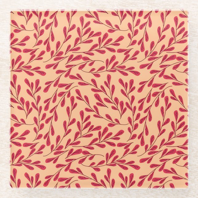 Posavasos De Vidrio  Red Leafy Branches Seamless Pattern (Anverso)