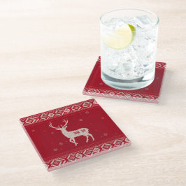 Posavasos De Vidrio Red Norwegian Knit with Deer, Glass Coaster
