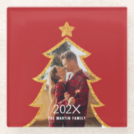 Posavasos De Vidrio Red Shiny Christmas Tree Personalized Photo