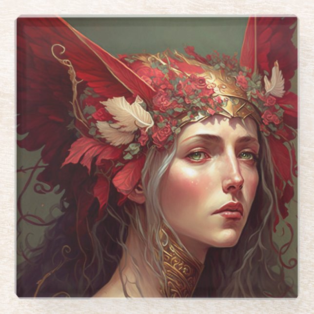Posavasos De Vidrio Red Valkyrie Woman Fantasy Art (Anverso)