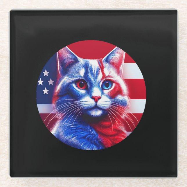Posavasos De Vidrio Red White & Blue Cat With American Flag Background (Anverso)