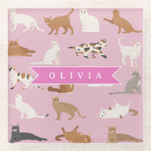 Posavasos De Vidrio Regalo Personalizado con Patrón de Gato Rosa Lindo