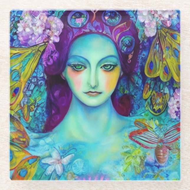 Posavasos De Vidrio Reina de hadas encantada con mariposas (Anverso)