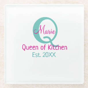 Posavasos De Vidrio Reina de la cocina monograma minimo verde rosa sim