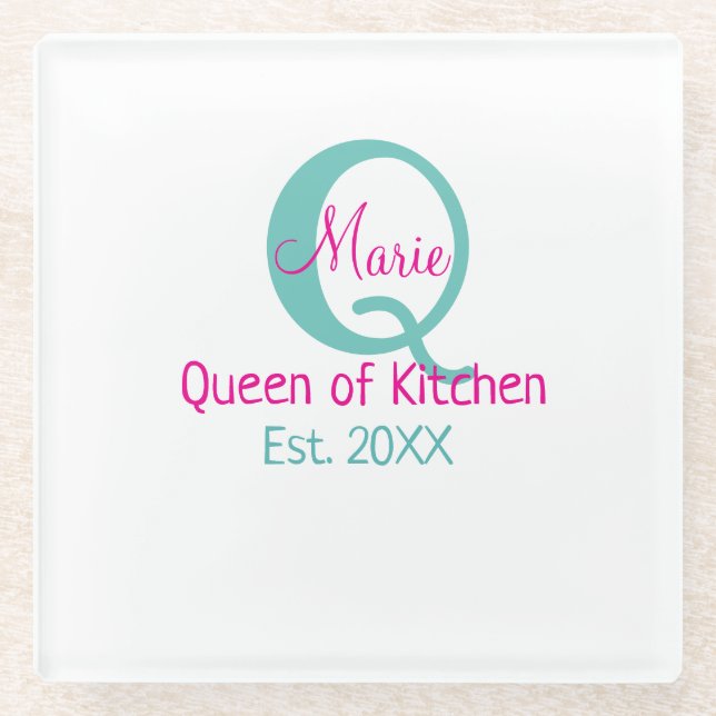 Posavasos De Vidrio Reina de la cocina monograma minimo verde rosa sim (Anverso)