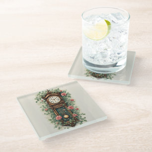 Posavasos De Vidrio Reloj Antiguo Rodeado de Rosas y Enredaderas
