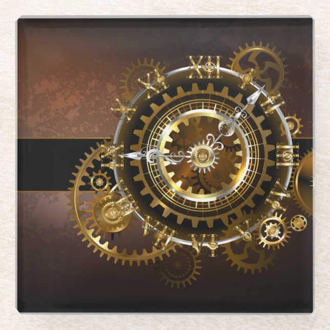 Posavasos De Vidrio Reloj de vapor con engranajes antiguos (Anverso)