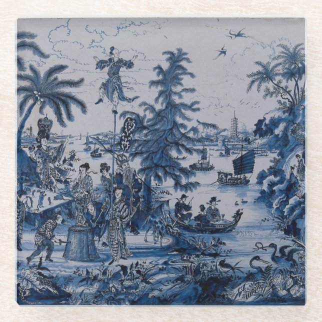 Posavasos De Vidrio Repro Chinoiserie  Delft Blue and White (Anverso)