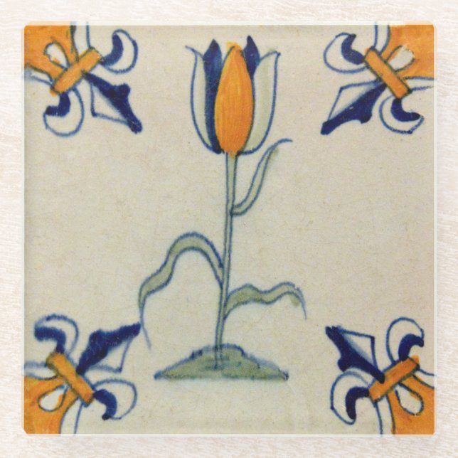 Posavasos De Vidrio Repro Tile Tradicional De Tulipán Amarillo Delft (Anverso)