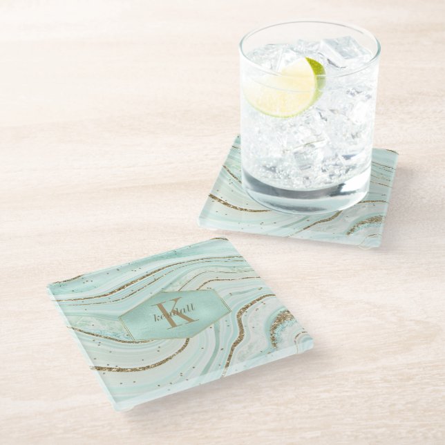 Posavasos De Vidrio Resumen Agate Monograma Mint ID827 (Angular)