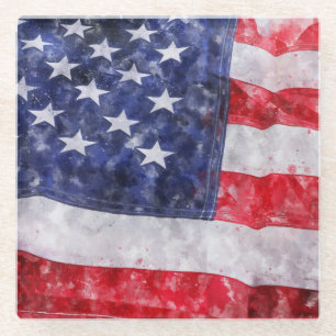 Posavasos De Vidrio Resumen Bandera Americana, Estilo Acuarela.