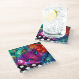 Posavasos De Vidrio Resumen caprichoso Dreamy Kitty Cat Verde azulado