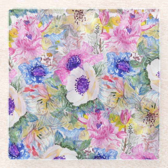 Posavasos De Vidrio Resumen de dibujo floral pintura de la mano acuare (Anverso)