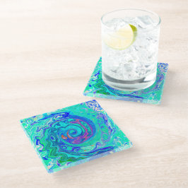 Posavasos De Vidrio Resumen de Groovy Ocean Blue y Green Liquid Swirl