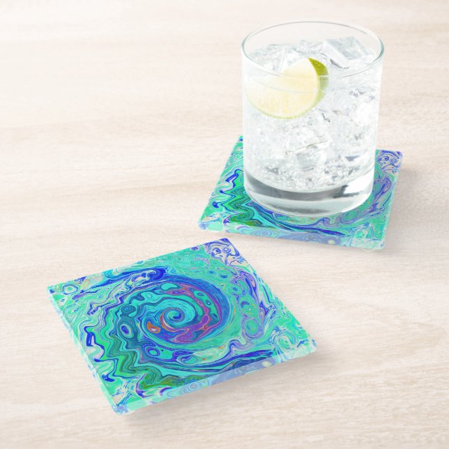 Posavasos De Vidrio Resumen de Groovy Ocean Blue y Green Liquid Swirl (Angular)