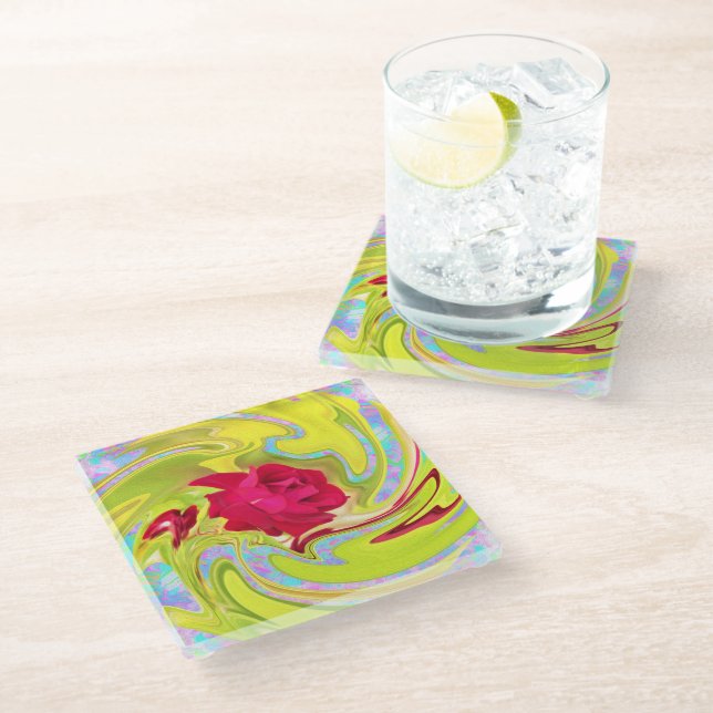 Posavasos De Vidrio Resumen de la rosa roja en el remolino amarillo y  (Angular)