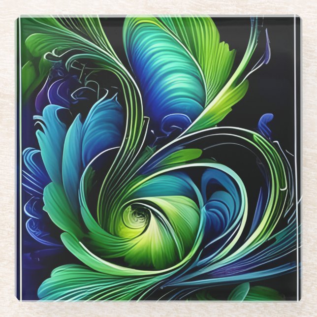 Posavasos De Vidrio Resumen de Leafy Verde Azul (Anverso)