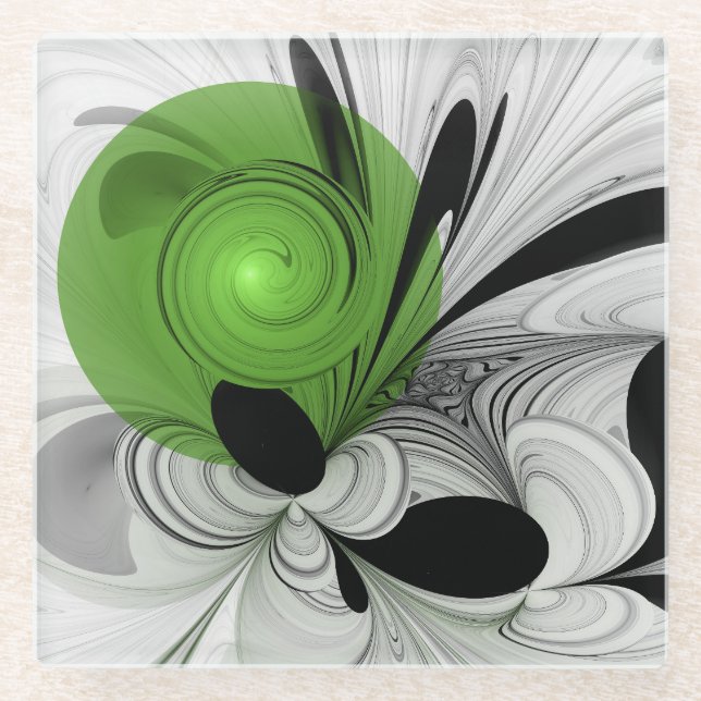 Posavasos De Vidrio Resumen en blanco y negro con arte fractal verde (Anverso)