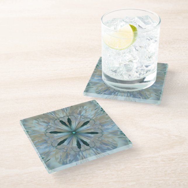 Posavasos De Vidrio Resumen Flor Fractal Verde azulado Gris azul blanc (Angular)