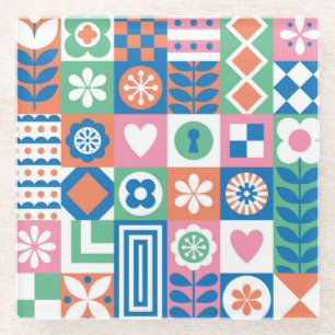 Posavasos De Vidrio Resumen Floral: Diseño Folclórico Escandinavo.