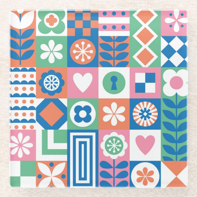 Posavasos De Vidrio Resumen Floral: Diseño Folclórico Escandinavo. (Anverso)