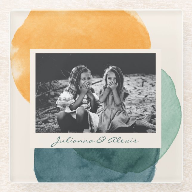 Posavasos De Vidrio Resumen Formas de acuarela Verde azulado Nombre de (Anverso)