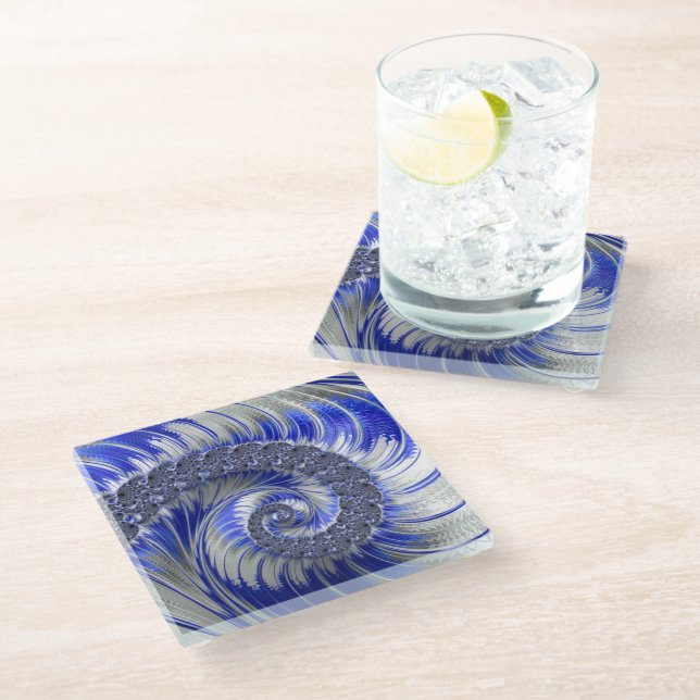 Posavasos De Vidrio Resumen Fractal de espiral blanca gris azul (Angular)