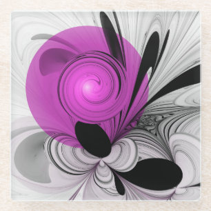 Posavasos De Vidrio Resumen Gris Negro Con Arte Fractal Magenta