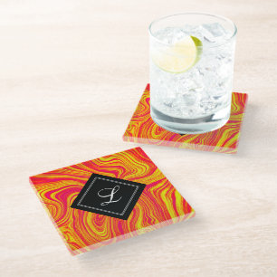 Posavasos De Vidrio Resumen Mármol Líquido Amarillo Rojo Moderno