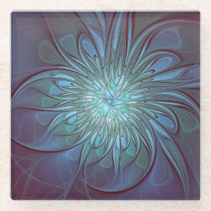 Posavasos De Vidrio Resumen moderno Arte fractal de flor azul de moda