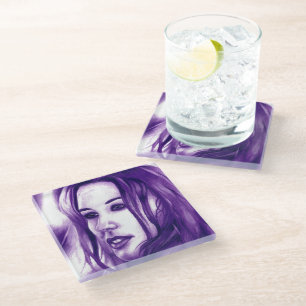 Posavasos De Vidrio Retrato de mujer morada arte original