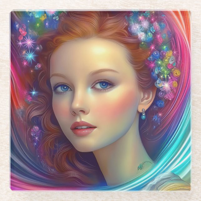 Posavasos De Vidrio Retrato de pelo arcoiris encantado (Anverso)