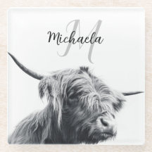 Retrato de vaca Highland monograma inicial blanco