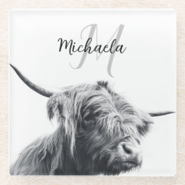 Posavasos De Vidrio Retrato de vaca Highland monograma inicial blanco