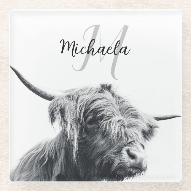 Posavasos De Vidrio Retrato de vaca Highland monograma inicial blanco  (Anverso)