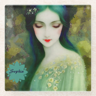 Posavasos De Vidrio Retrato elegante de mujer fantastica en verde y az