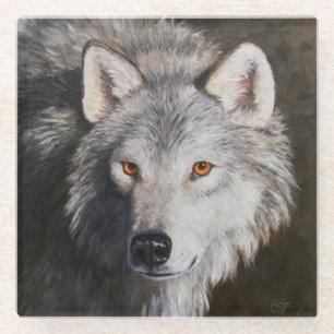 Posavasos De Vidrio Retrato facial de lobo de madera gris