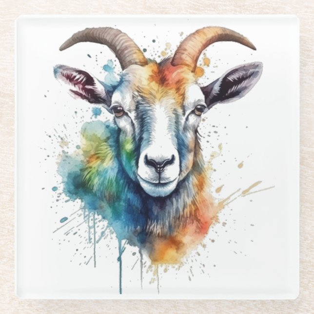 Posavasos De Vidrio Retrato Vivid Rainbow Goat (Anverso)