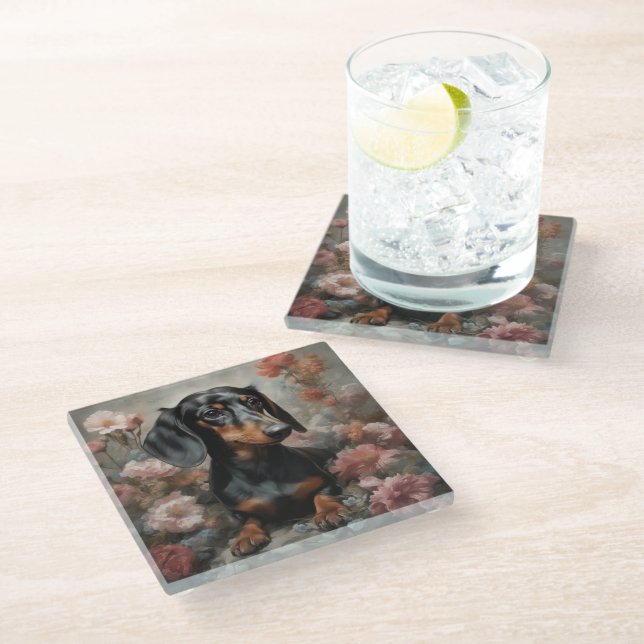 Posavasos De Vidrio Retratos de raza de perro de flores 10 (Angular)