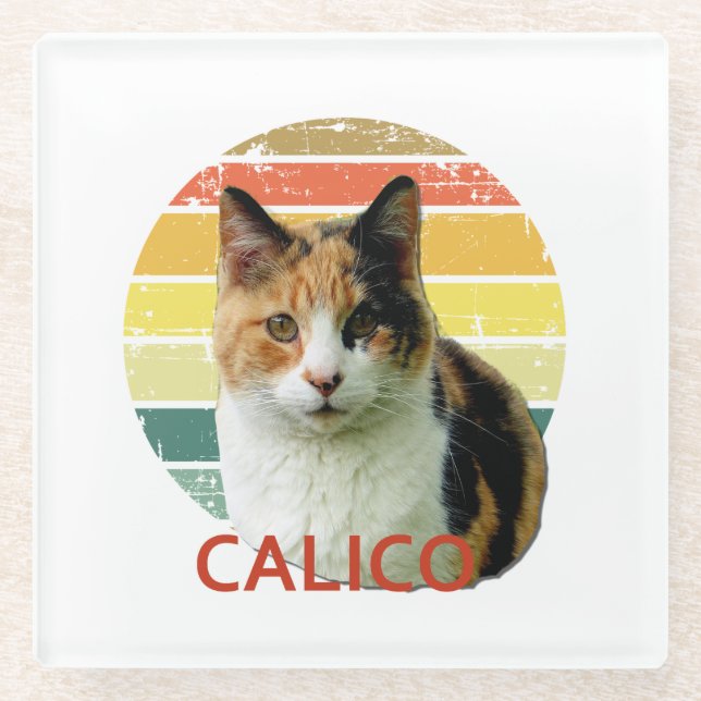 Posavasos De Vidrio Retro 1980 Faded Sunset Calico Moggy Cat Art    (Anverso)