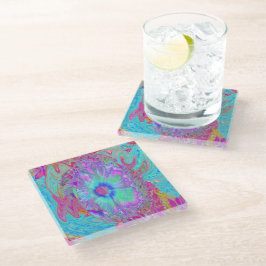 Posavasos De Vidrio Retro Arcoíris Psicodélico Flor de Hibisco Azul