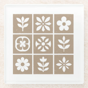 Posavasos De Vidrio Retro Boho Floral   Rosa Marrón Cálido 