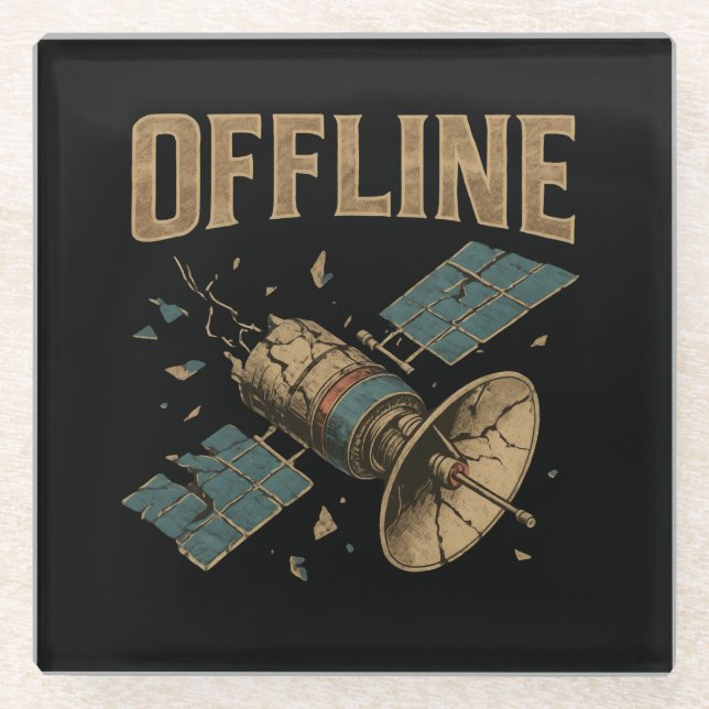 Posavasos De Vidrio Retro Broken Satellite "OFFLINE" Space Art (Anverso)